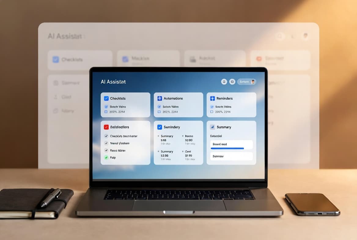 Dashboard de productivité et automatisation IA, style premium, sans personnes